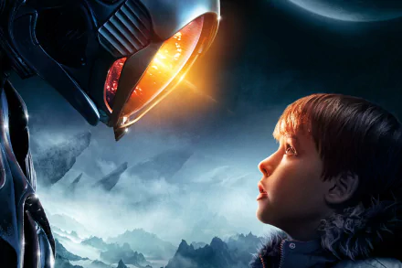 HD wallpaper featuring Will Robinson, portrayed by Maxwell Jenkins, gazing up at a robot from Lost in Space.