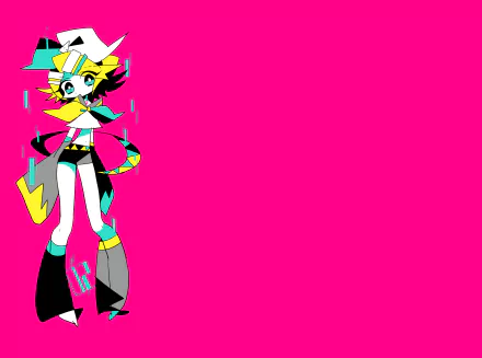 Rin Kagamine as anime Vocaloid character on left, neon-cyan and yellow costume against solid hot-pink background — HD PC desktop wallpaper