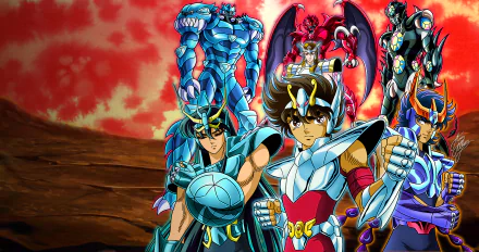 Anime Saint Seiya 4K Ultra HD PC desktop wallpaper of armored Saints—Bronze Saint front and center with allies beneath a vivid red sky.