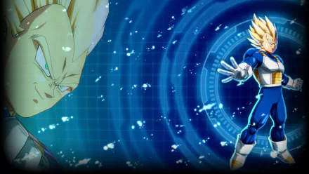 HD PC desktop wallpaper featuring Vegeta from Dragon Ball Z in Dragon Ball FighterZ video game style, set against a dynamic, blue digital background.