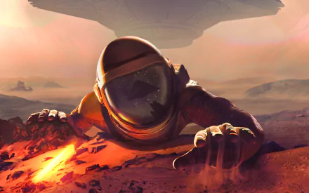 HD desktop wallpaper from the video game Downward Spiral: Horus Station featuring an astronaut on an alien landscape with a spaceship hovering in the background.