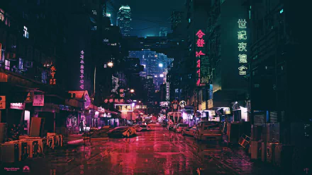 HD desktop wallpaper of a cyberpunk, futuristic city at night, inspired by Ghost in the Shell (1995), featuring neon lights and a wet street reflecting the vibrant colors.