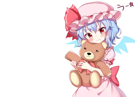 HD anime desktop wallpaper featuring Remilia Scarlet from Touhou, holding a teddy bear with a soft expression against a white background.