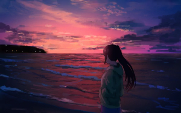 Kanan Matsuura (Love Live! Sunshine!!) gazes over the sea at sunset, silhouetted against a vivid purple-pink sky — HD PC desktop wallpaper/background.