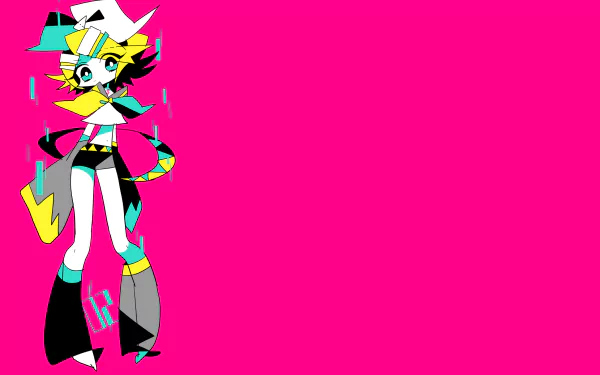 Rin Kagamine as anime Vocaloid character on left, neon-cyan and yellow costume against solid hot-pink background — HD PC desktop wallpaper