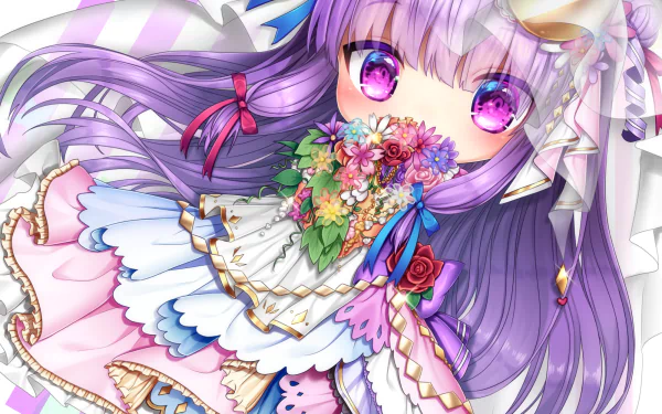 HD anime desktop wallpaper featuring Patchouli Knowledge from Touhou, showcasing her vibrant purple hair and intricate floral outfit in vivid detail.