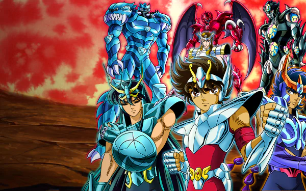 Anime Saint Seiya 4K Ultra HD PC desktop wallpaper of armored Saints—Bronze Saint front and center with allies beneath a vivid red sky.