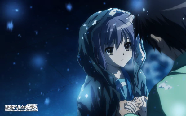 HD PC desktop wallpaper featuring anime characters from The Melancholy of Haruhi Suzumiya, with a serene night scene and glowing blue accents.