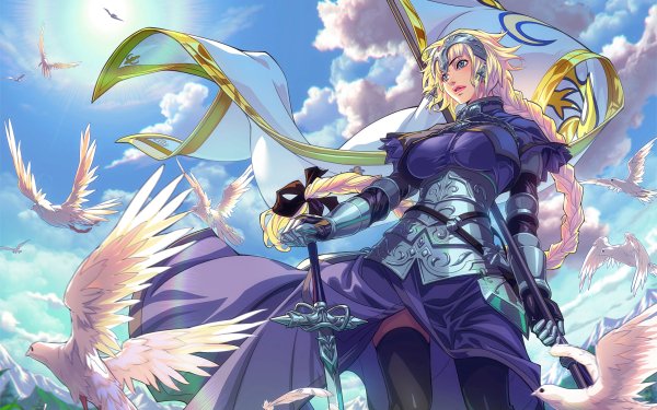 Anime Fate/Grand Order Fate Series Jeanne d'Arc Ruler Bird Sword Flag Blonde Long Hair Blue Eyes Knight HD Wallpaper | Background Image