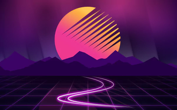 HD PC desktop wallpaper featuring an outrun-style purple vaporwave landscape with a glowing retro sun and a neon grid road in retrowave art style.