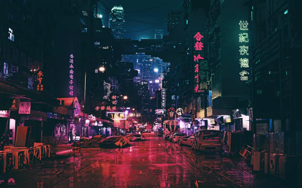 HD desktop wallpaper of a cyberpunk, futuristic city at night, inspired by Ghost in the Shell (1995), featuring neon lights and a wet street reflecting the vibrant colors.