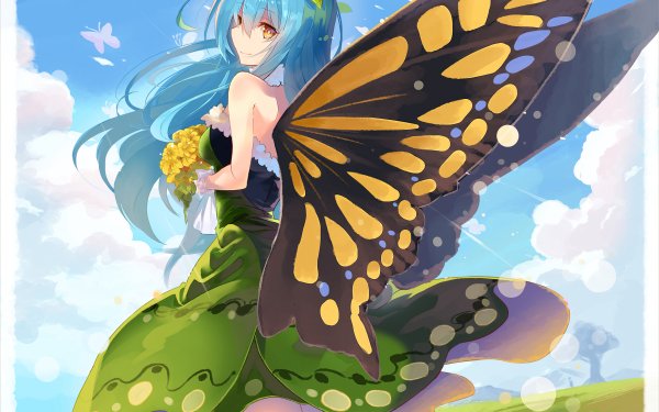 Anime Touhou Eternity Larva Blue Hair Yellow Eyes Wings Dress Green Dress Long Hair HD Wallpaper | Background Image