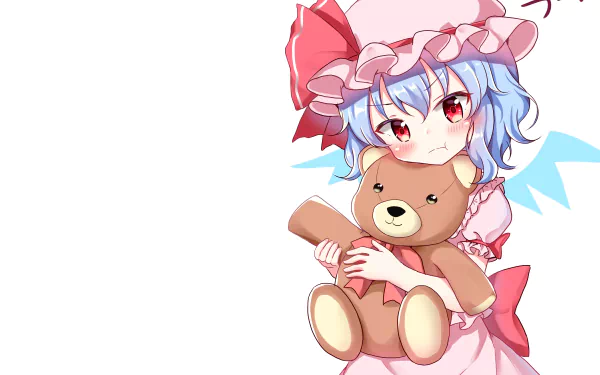 HD anime desktop wallpaper featuring Remilia Scarlet from Touhou, holding a teddy bear with a soft expression against a white background.