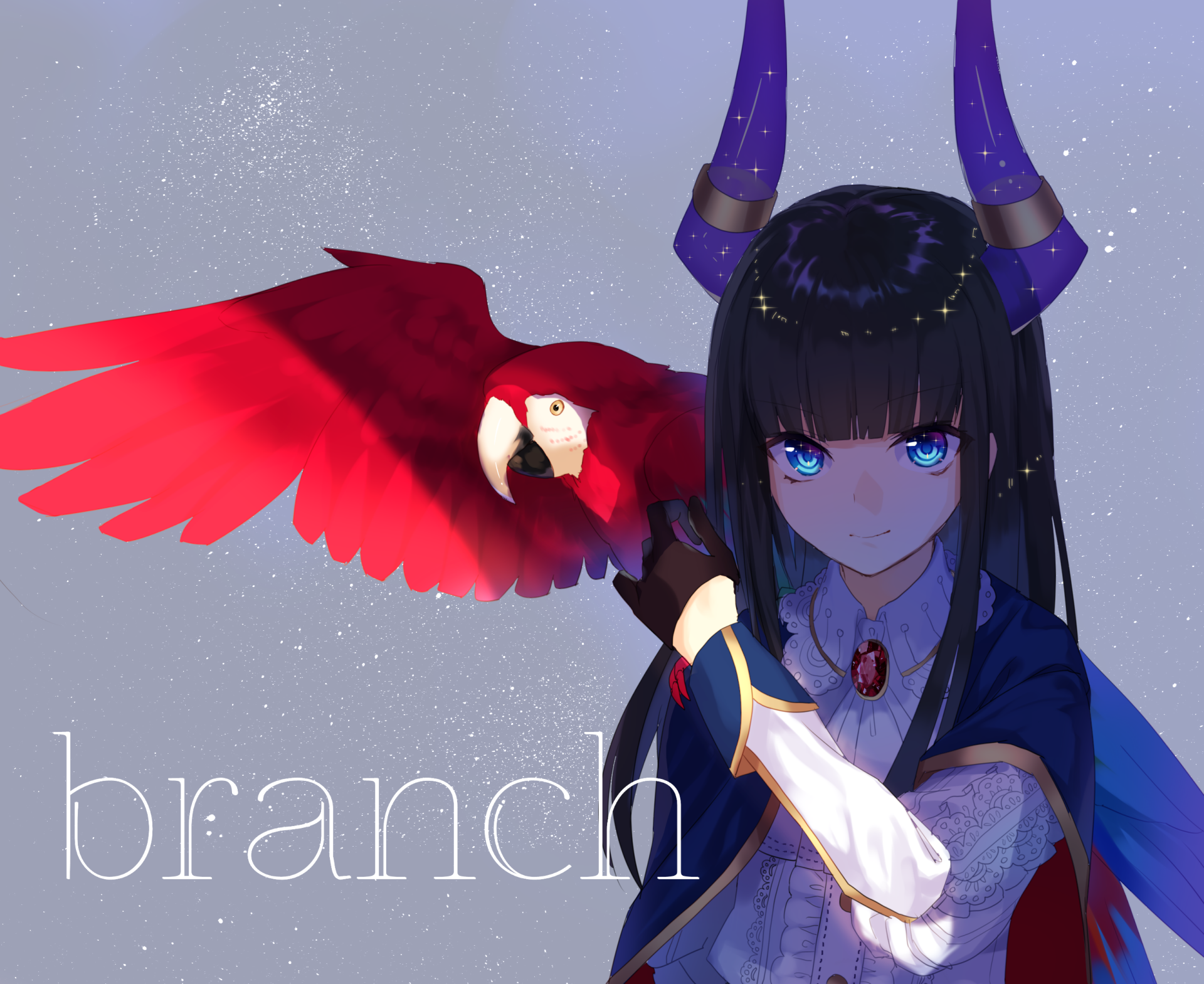 Anime-style HD wallpaper of a long-haired girl with black hair, blue eyes, and horns, wearing a glove and holding a red parrot with a confident smile.