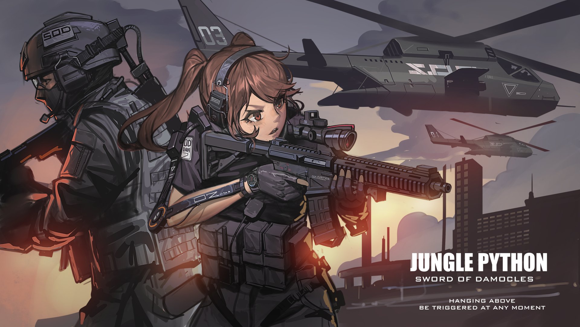 Anime original 4K Ultra HD PC desktop wallpaper: female soldier in tactical gear aims a rifle amid helicopters and a sunset city skyline, back-to-back with a comrade, titled Jungle Python.