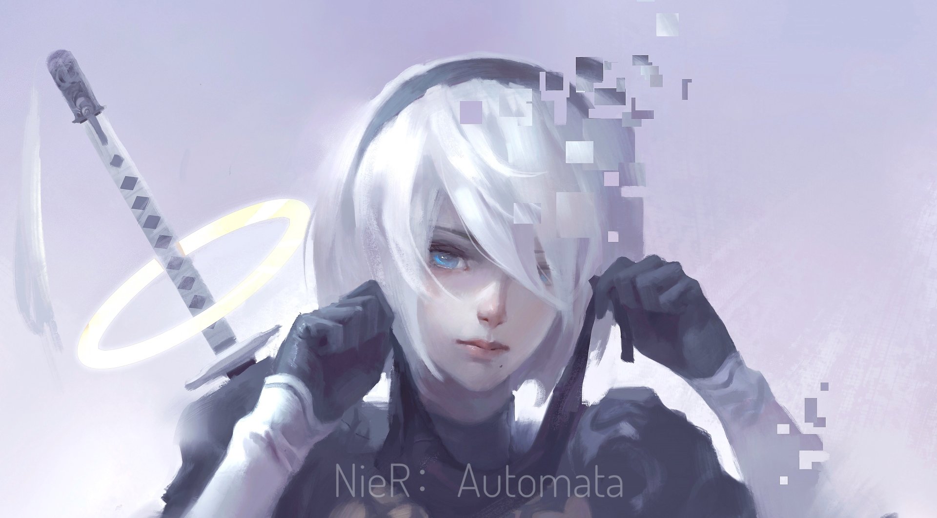 HD wallpaper featuring YoRHa No.2 Type B from the video game NieR: Automata. The image showcases the character with a sword and digital fragments against a light background.