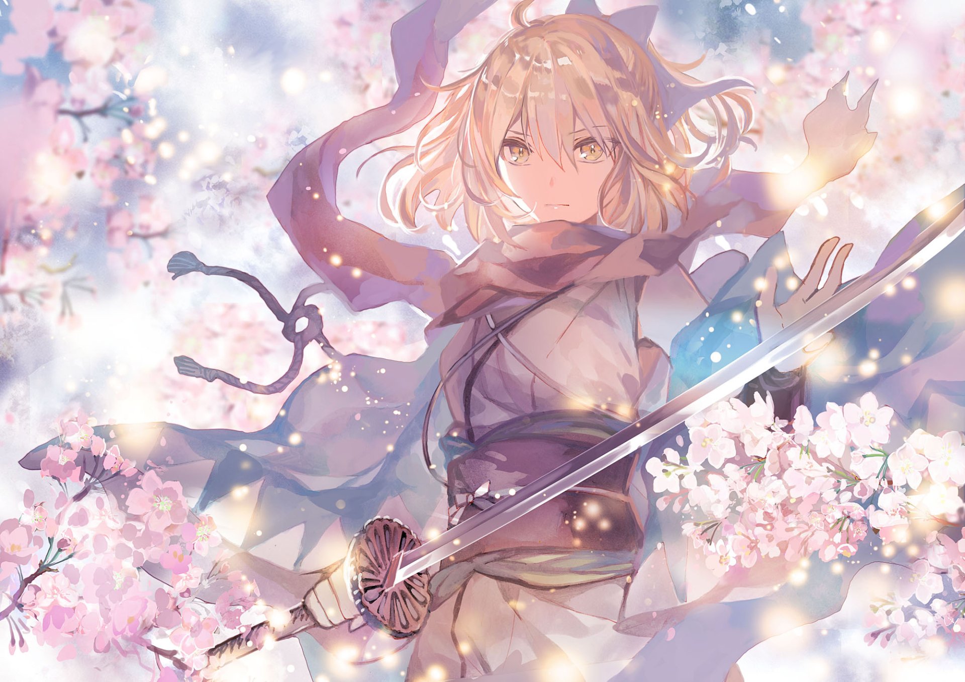 Anime HD wallpaper featuring Sakura Saber from the Fate/KOHA-ACE, part of the Fate Series. Sakura Saber holds a katana amidst blooming cherry blossoms, creating a soft and vibrant background.