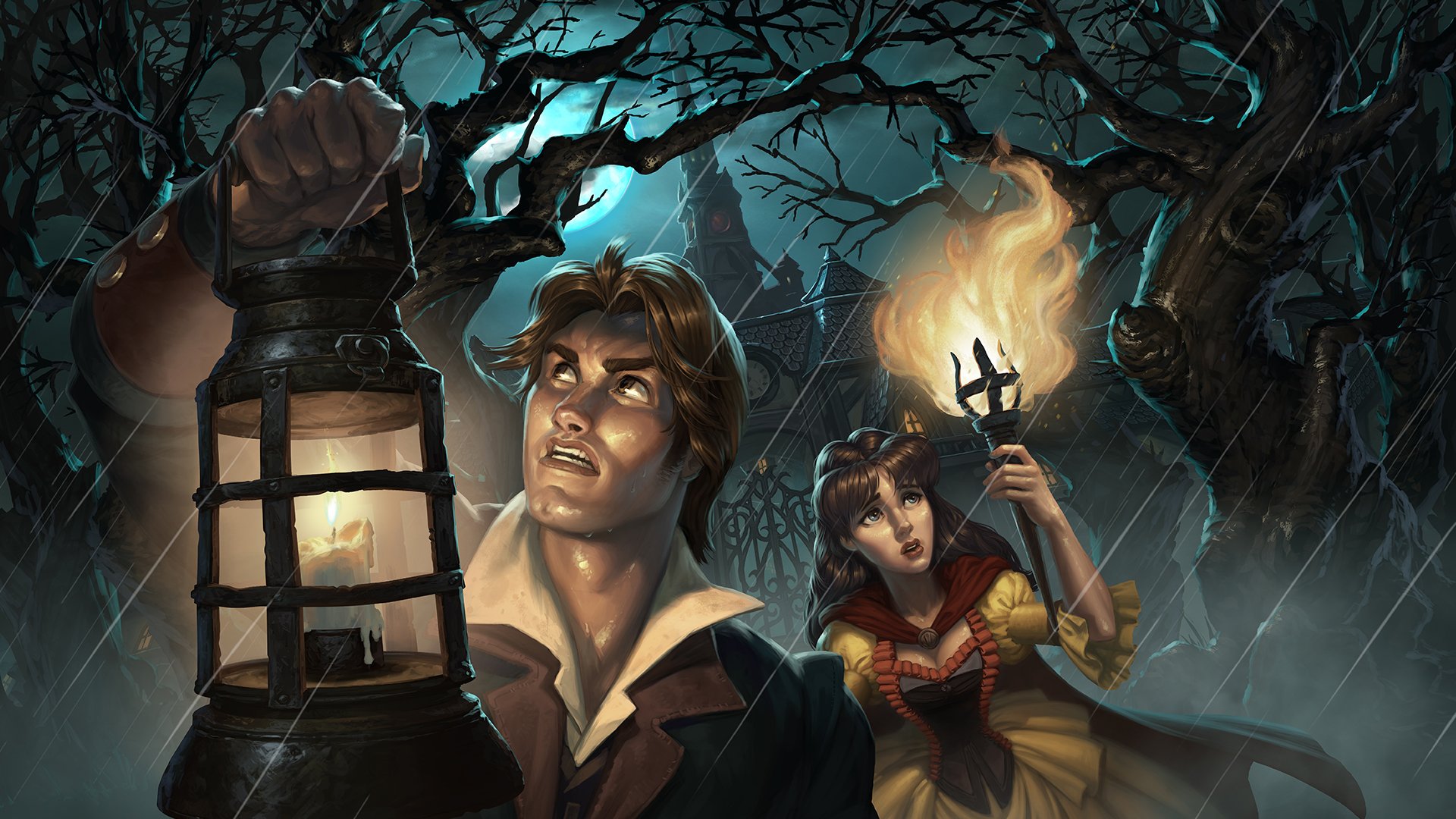 HD PC desktop wallpaper background from the video game Hearthstone: Heroes of Warcraft — two adventurers, a man with a lantern and a woman with a torch, traverse a moonlit, haunted forest.