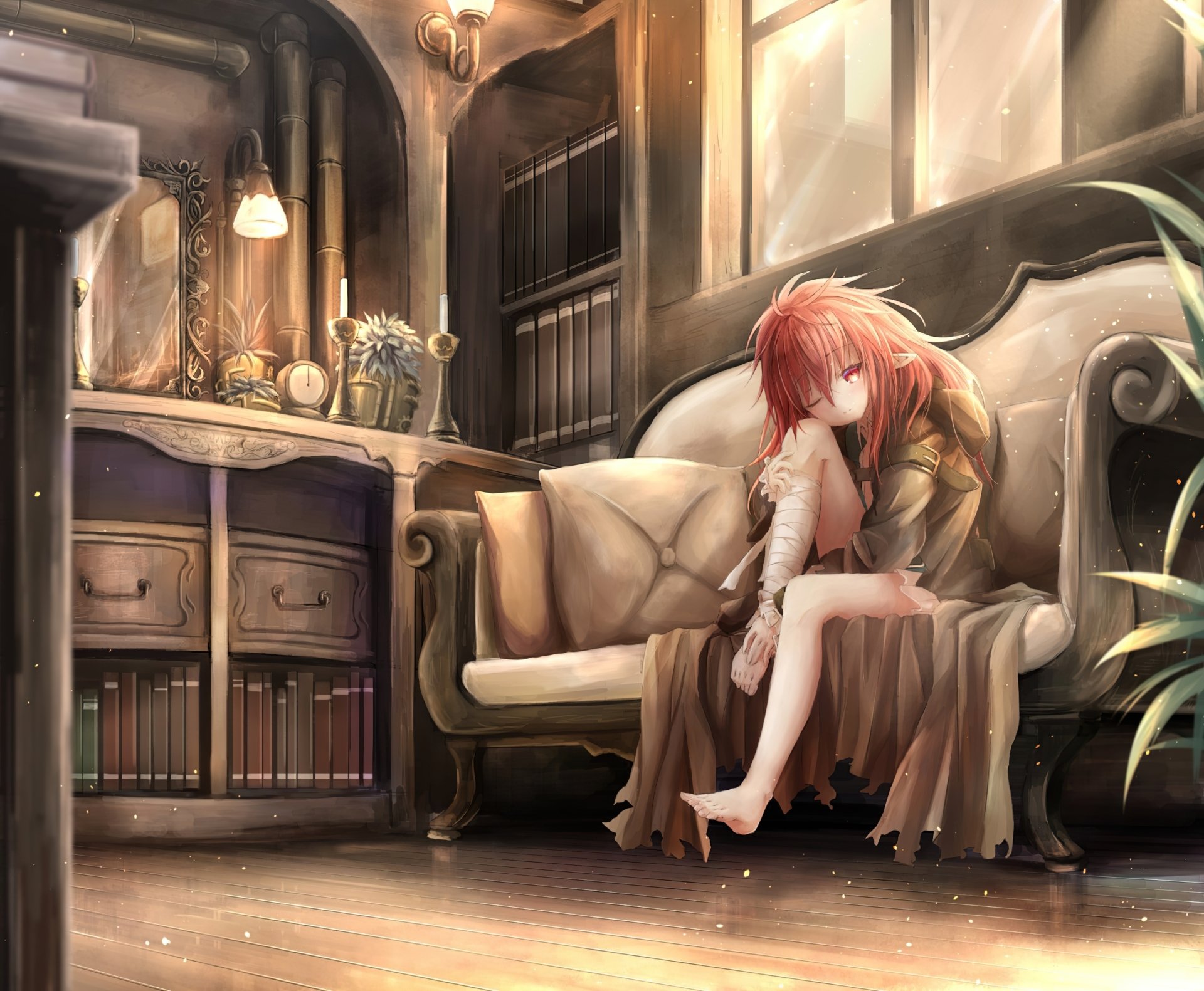 Anime-style original HD desktop wallpaper depicting a red-haired elf with red eyes and bandages, sitting barefoot on a sofa in a warmly lit room with a clock and vintage furniture.