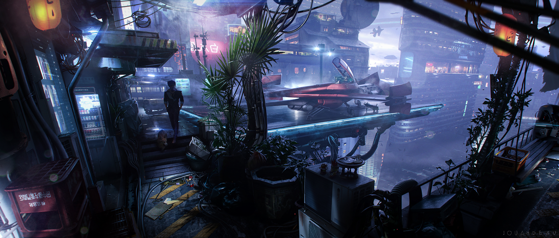 HD desktop wallpaper and background featuring an atmospheric scene from the anime Cowboy Bebop. The image showcases a character standing near a futuristic cityscape with vibrant lights and intricate details.