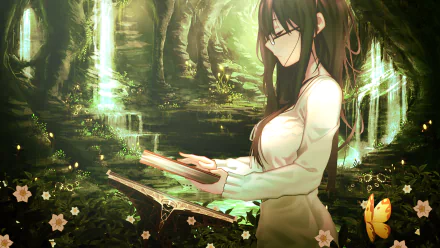 Anime girl with long dark hair and glasses reading a book in a glowing forest, captured in an HD PC desktop wallpaper and background style.