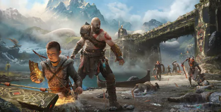 HD desktop wallpaper featuring Kratos and Atreus from God of War (2018), amidst a snowy landscape, uncovering a treasure chest while preparing for battle.