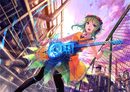 HD anime wallpaper featuring GUMI from Vocaloid holding a glowing electric guitar against an industrial backdrop at sunset.