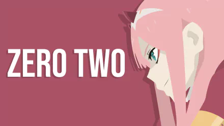 A vibrant HD desktop wallpaper featuring Zero Two from Darling in the FranXX, showcasing her pink hair and distinctive profile against a bold, minimalist background.
