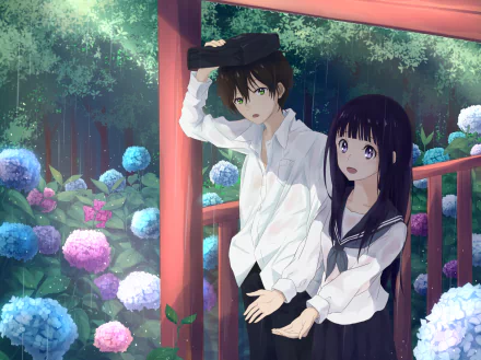 HD desktop wallpaper featuring Hōtarō Oreki and Eru Chitanda from the anime Hyouka, standing under a bridge surrounded by colorful hydrangeas on a rainy day.