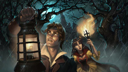 HD PC desktop wallpaper background from the video game Hearthstone: Heroes of Warcraft — two adventurers, a man with a lantern and a woman with a torch, traverse a moonlit, haunted forest.