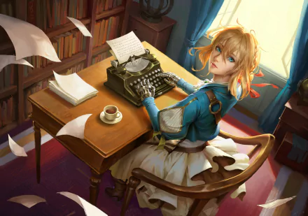 HD anime desktop wallpaper featuring Violet Evergarden, the character from the series, sitting at a wooden desk typing on a vintage typewriter in a cozy, sunlit room.