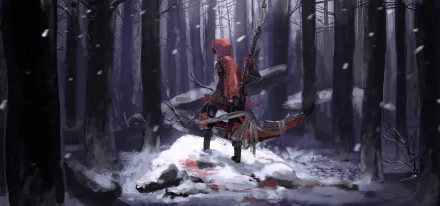 HD desktop wallpaper featuring Ruby Rose from the anime RWBY, standing in a snowy forest with her weapon. Background includes dark trees and snowy ground with a dramatic atmosphere.