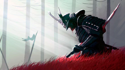 A fantasy warrior in samurai armor kneels in a forest, gripping a sword. Sunlight filters through the trees, illuminating the red grass around him. HD desktop wallpaper and background.
