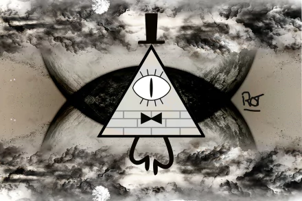 HD desktop wallpaper featuring Bill Cipher, a character from the TV show Gravity Falls. The image showcases a surreal background with smoky clouds and mystical elements surrounding the iconic triangular figure.