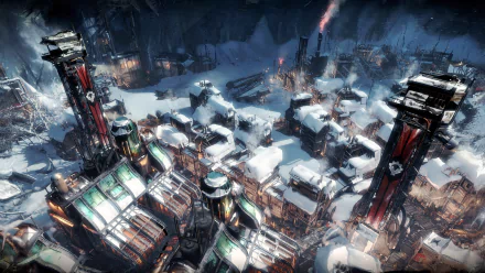 HD desktop wallpaper featuring a snowy cityscape from the video game Frostpunk, with towering structures amidst a frozen landscape.