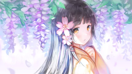 Anime-style artwork of a long-haired girl with black hair and yellow eyes wearing a kimono, surrounded by purple flowers, designed as a HD PC desktop wallpaper.