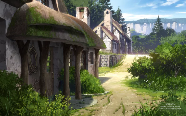 HD desktop wallpaper featuring a scenic village from the anime Maquia: When the Promised Flower Blooms, showcasing rustic houses with thatched roofs, lush greenery, and a clear blue sky in the background.