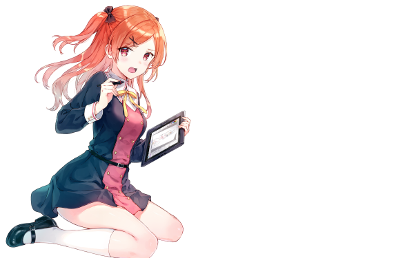 Anime Girl Orange Hair Red Eyes Tablet Twintails Long Hair HD Wallpaper | Background Image
