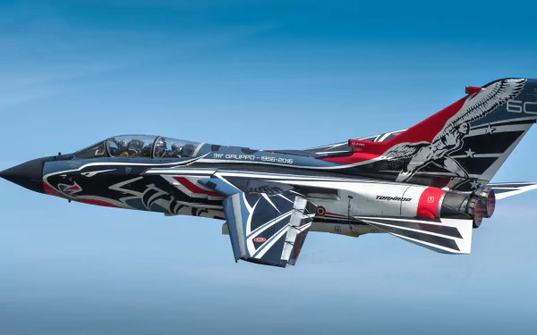 HD desktop wallpaper of a Panavia Tornado jet fighter warplane in flight, showcasing its military aircraft design against a clear blue sky.