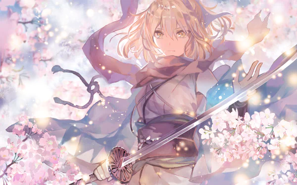 Anime HD wallpaper featuring Sakura Saber from the Fate/KOHA-ACE, part of the Fate Series. Sakura Saber holds a katana amidst blooming cherry blossoms, creating a soft and vibrant background.