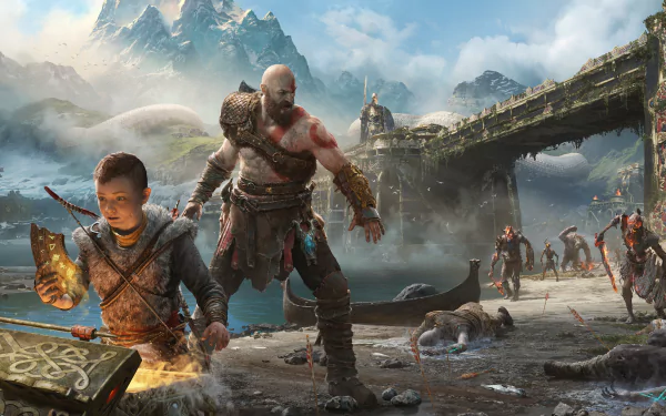 HD desktop wallpaper featuring Kratos and Atreus from God of War (2018), amidst a snowy landscape, uncovering a treasure chest while preparing for battle.