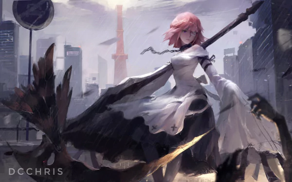 Yumi (Forever 7th Capital) stands in a rain-soaked futuristic city, cloak and staff billowing — 5K Ultra HD PC desktop wallpaper/background.
