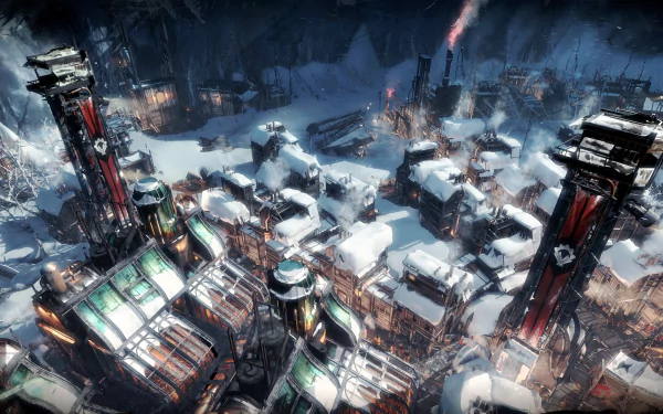 HD desktop wallpaper featuring a snowy cityscape from the video game Frostpunk, with towering structures amidst a frozen landscape.