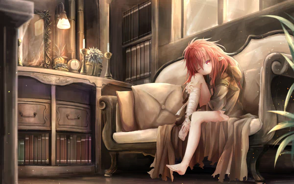feet elf clock red eyes bandage red hair Anime Original HD Desktop Wallpaper | Background Image