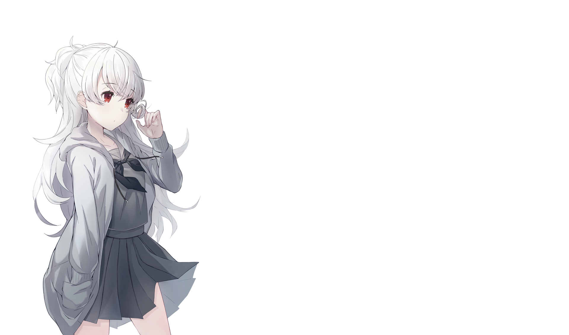 Anime-style original character with long white hair in a ponytail, red eyes, and a hoodie, presented as an HD PC desktop wallpaper and background.