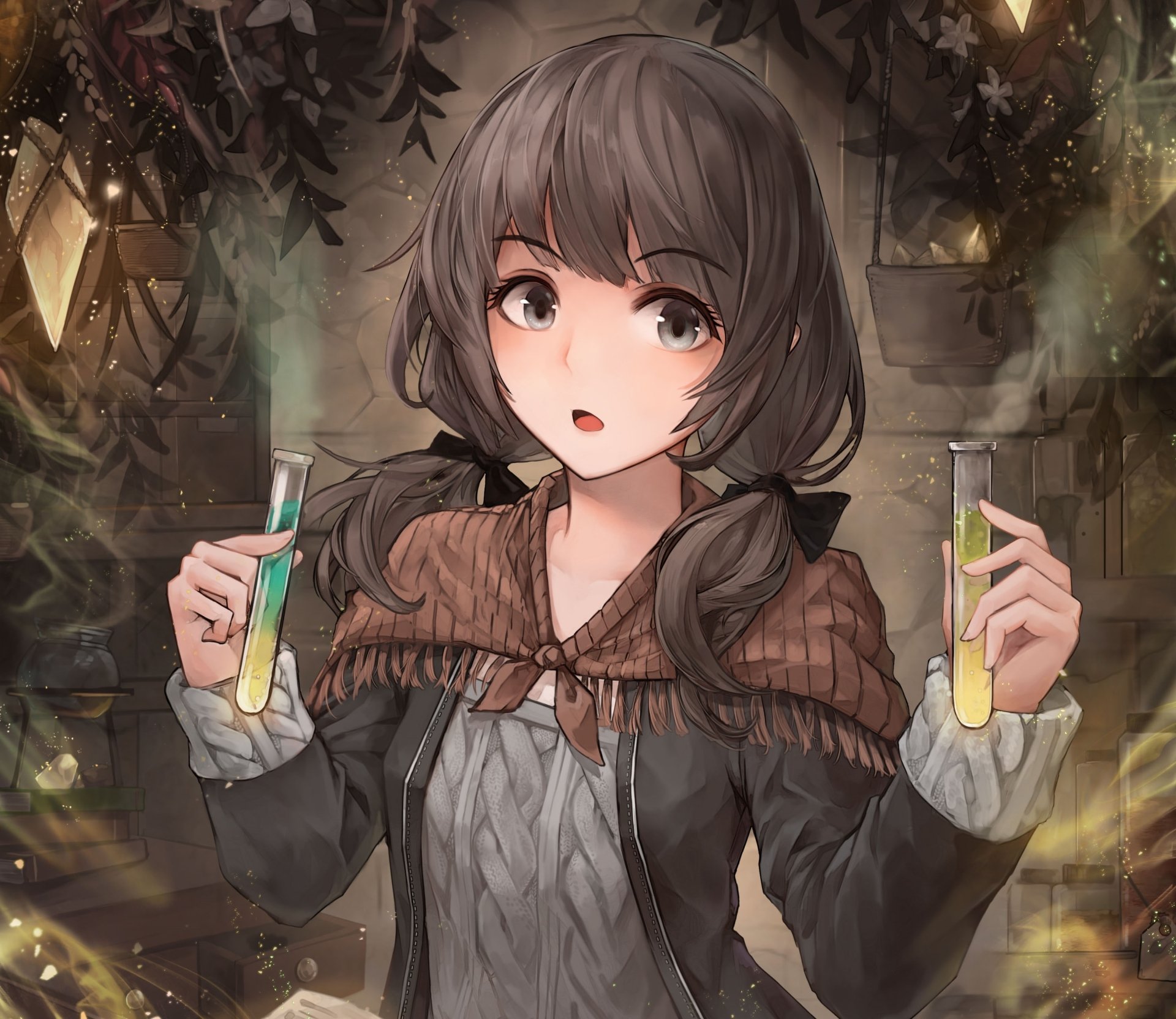 An anime character with long brown twintails and grey eyes holds chemical test tubes in a mystical setting, wearing a cozy outfit highlighted by a bow and surrounded by swirling potion fumes.