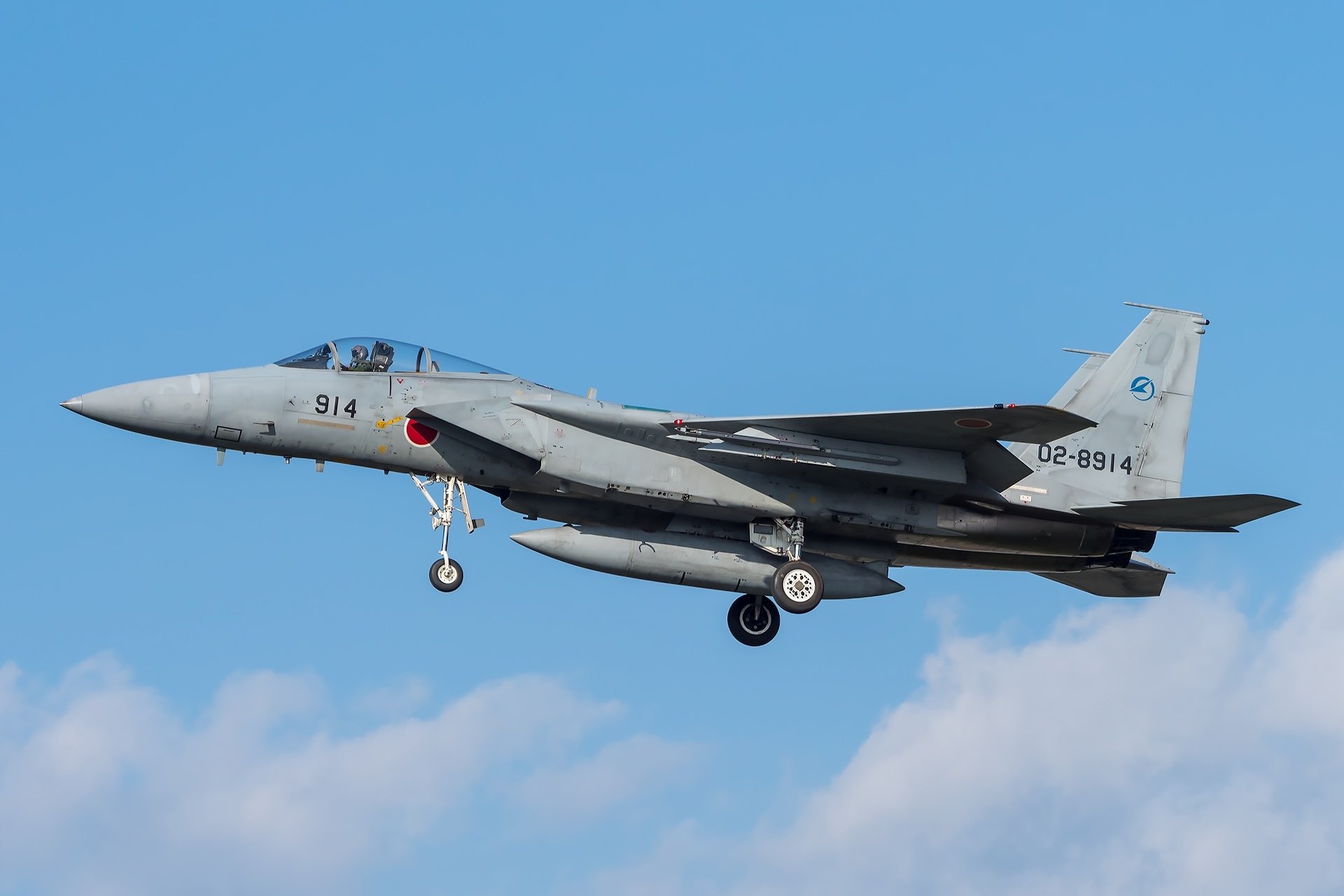 A Mitsubishi F-15J jet fighter warplane in flight against a clear blue sky, showcasing its military design.