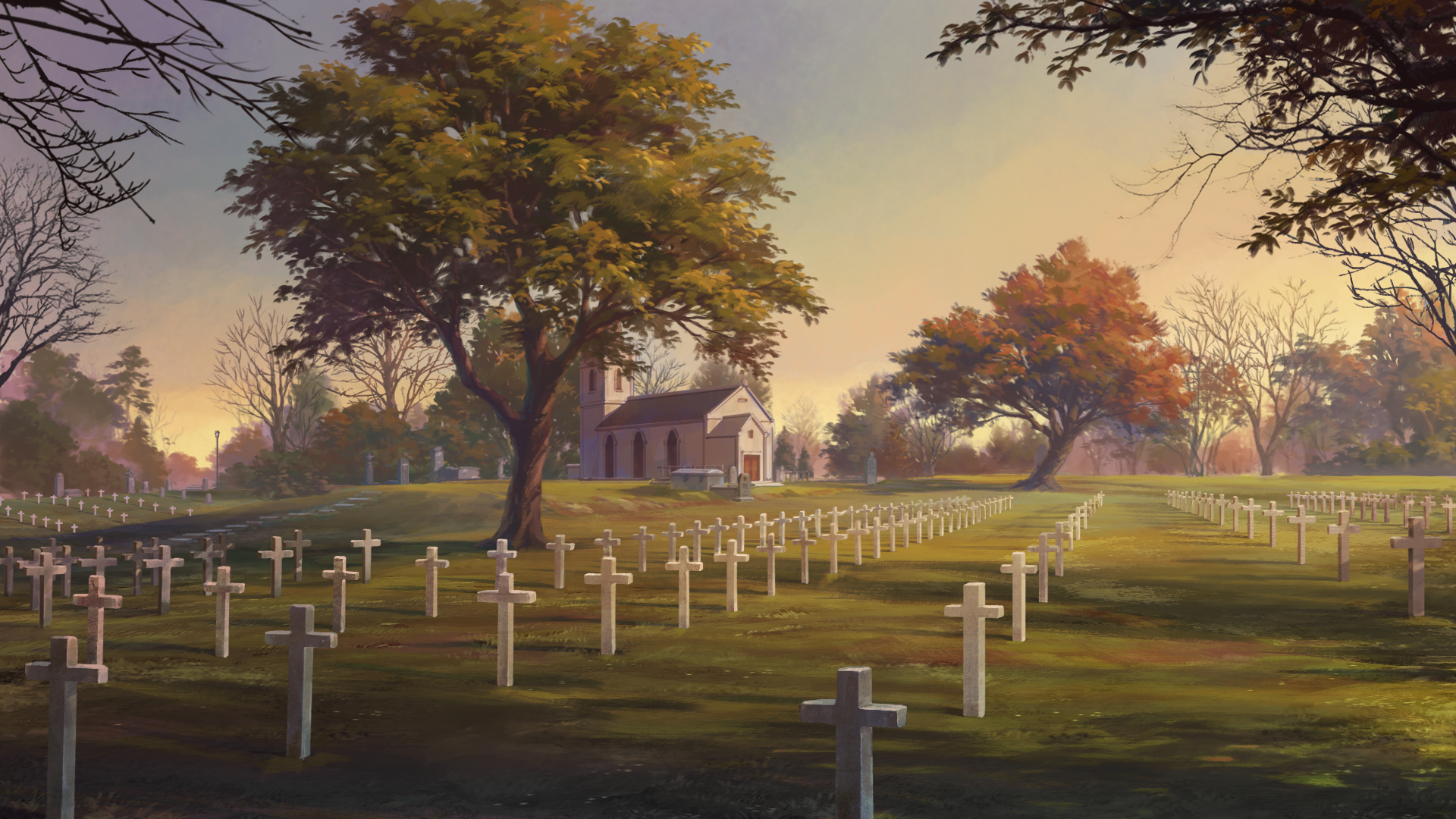 Anime-style HD desktop wallpaper depicting a peaceful grassland cemetery at sunset with numerous white crosses and a small chapel amid autumn-colored trees.