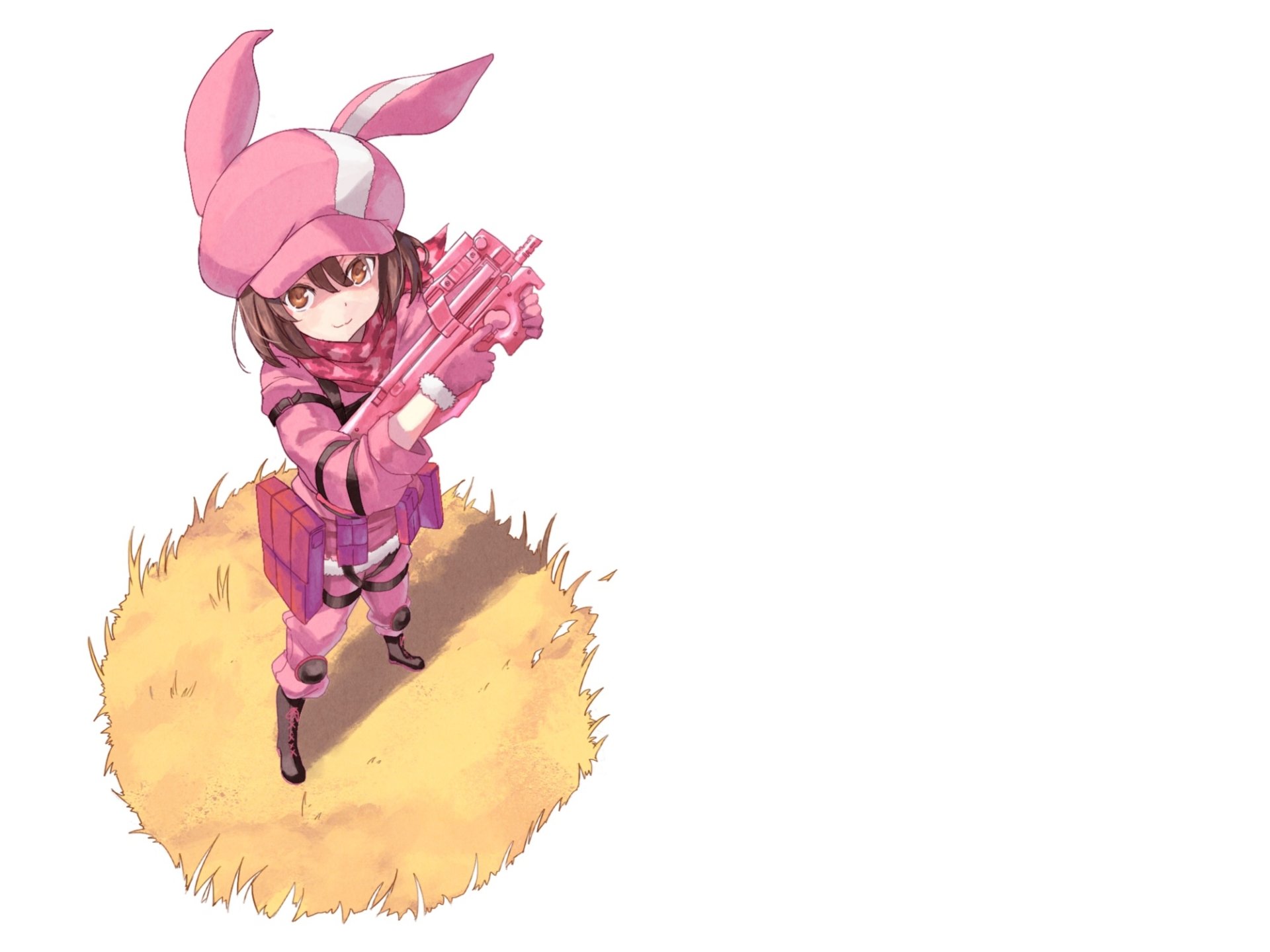 HD PC desktop wallpaper featuring Karen Kohiruimaki as LLENN from the anime Sword Art Online Alternative: Gun Gale Online, holding a pink weapon in her signature outfit.