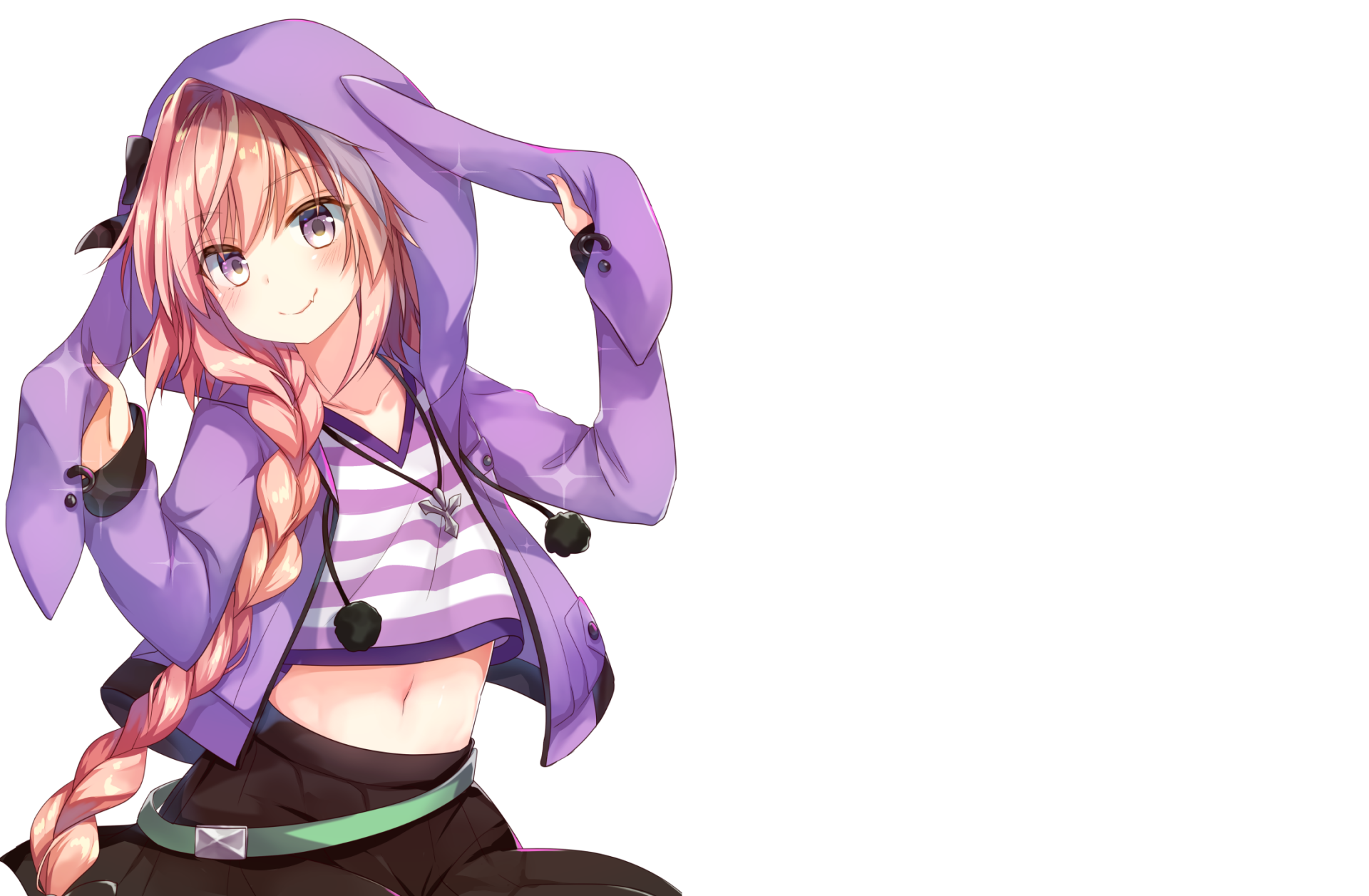 HD PC desktop wallpaper featuring Astolfo, Rider of Black from Fate/Apocrypha, depicted in anime style with a playful pose and vibrant purple hoodie.